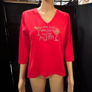 “Time Flies when you’re having Rum” 3/4 length sleeves red r-shirt. Sz M